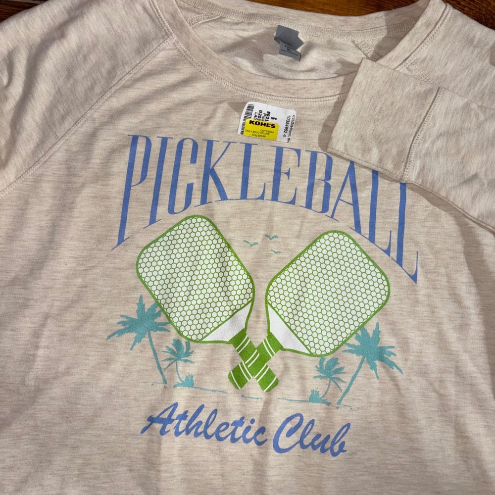 Pickleball Sweatshirt Women XL Beige Athletic Club‎ Pullover Instant Message NEW